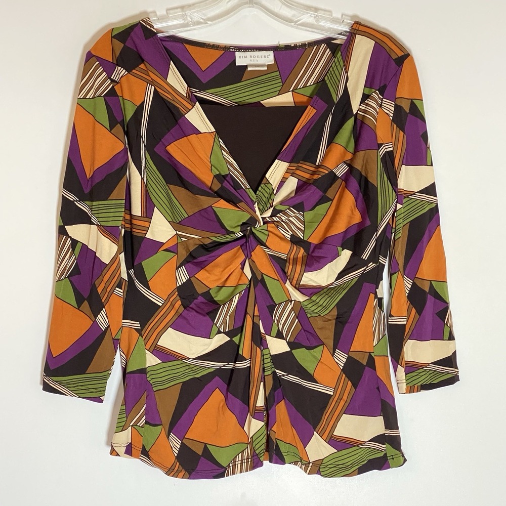 Kim Rogers Petite Top Womens PM Orange Multicolor Geometric V Neck 3/4 Retro Y2K